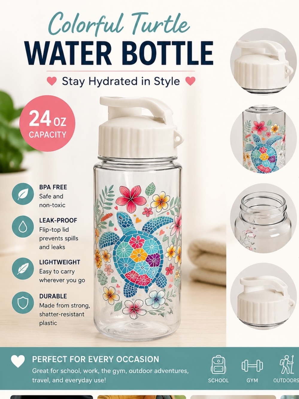 Hand Crafted White-Top Clear Bottle with Multicolor Floral Sea Turtle